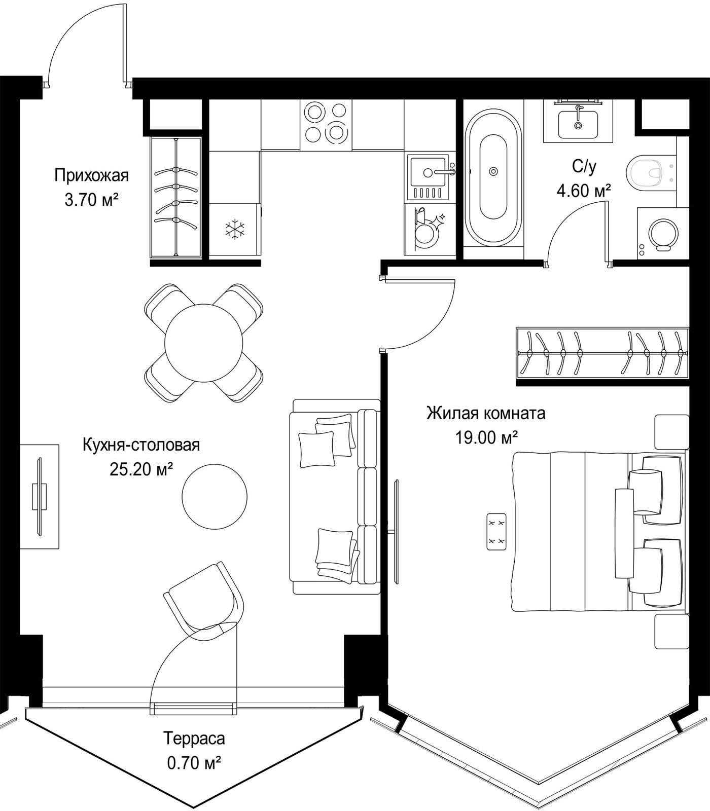 1-комнатная квартира, 53,2 м²