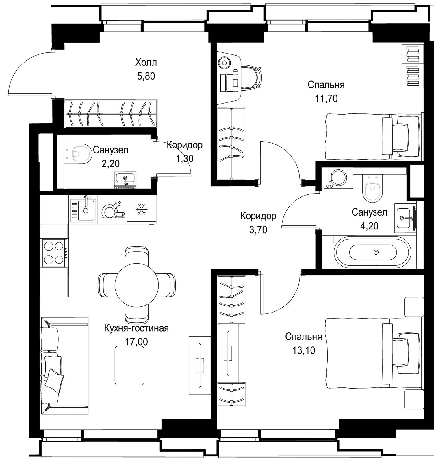 2-комнатная квартира, 58,9 м²