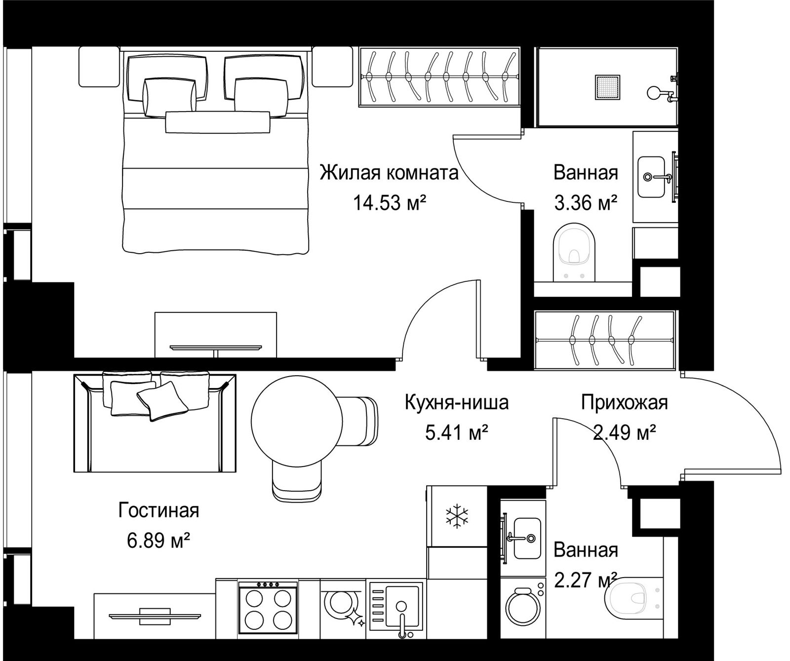 1-комнатная квартира, 35 м²