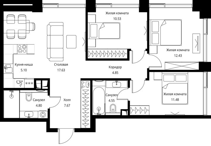 3-комнатная квартира, 79 м² — фото 1