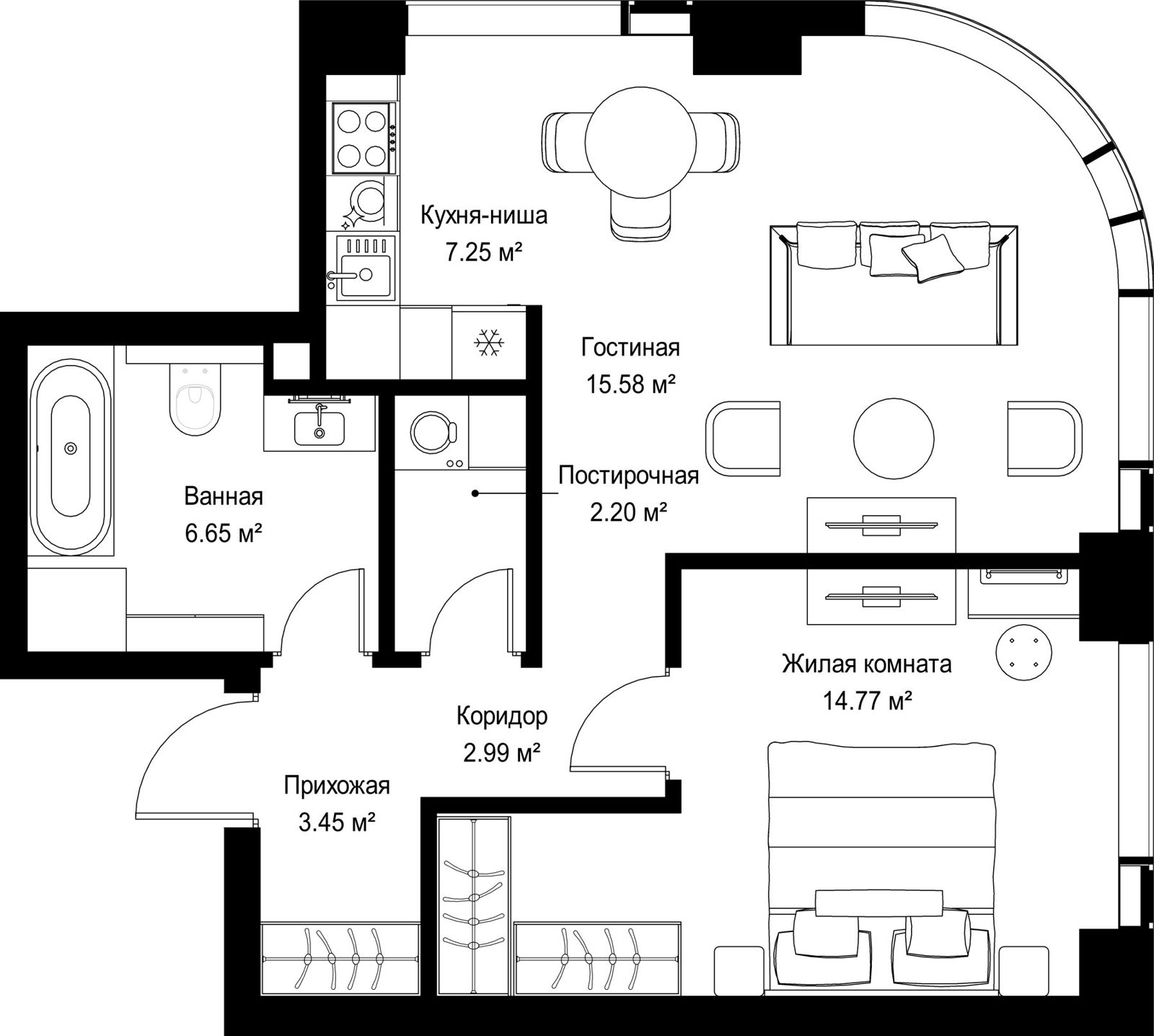 1-комнатная квартира, 52,9 м²