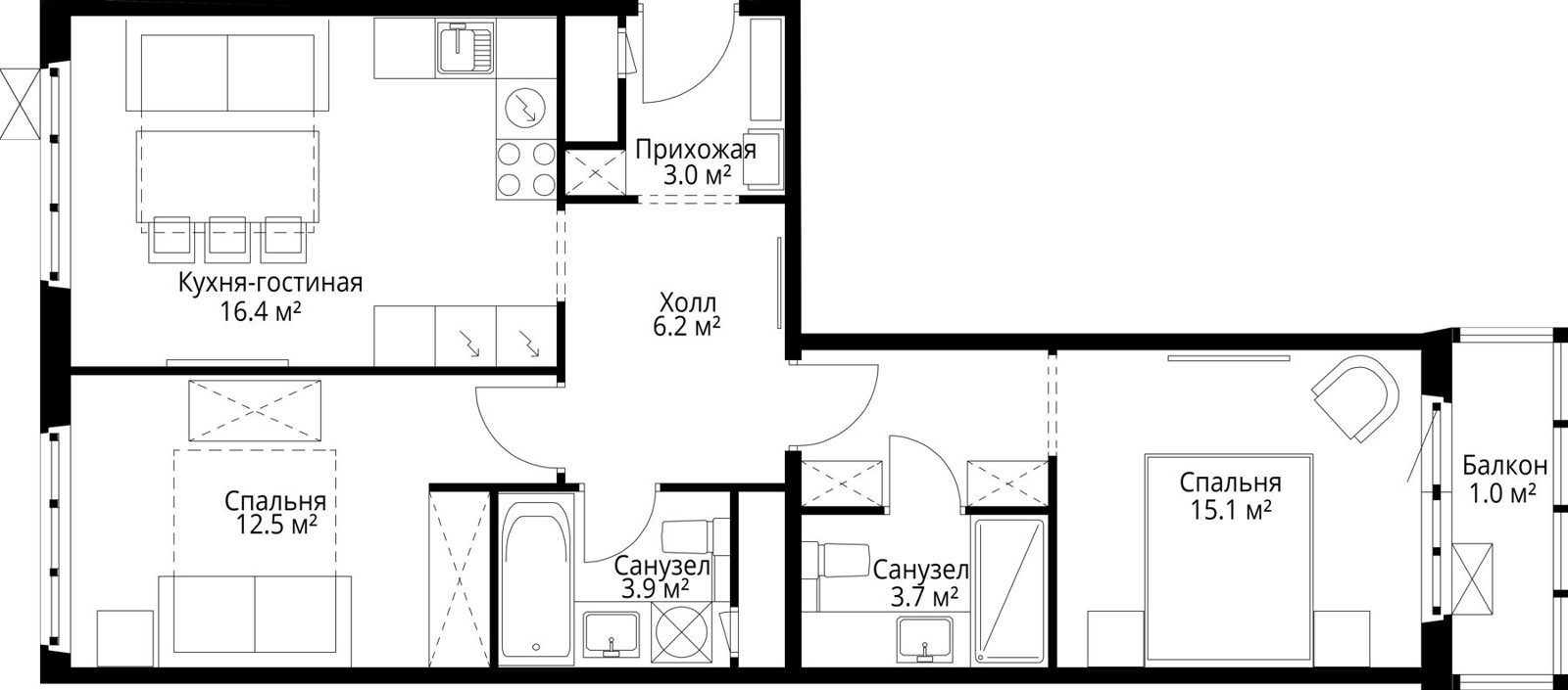 2-комнатная квартира, 61,8 м²