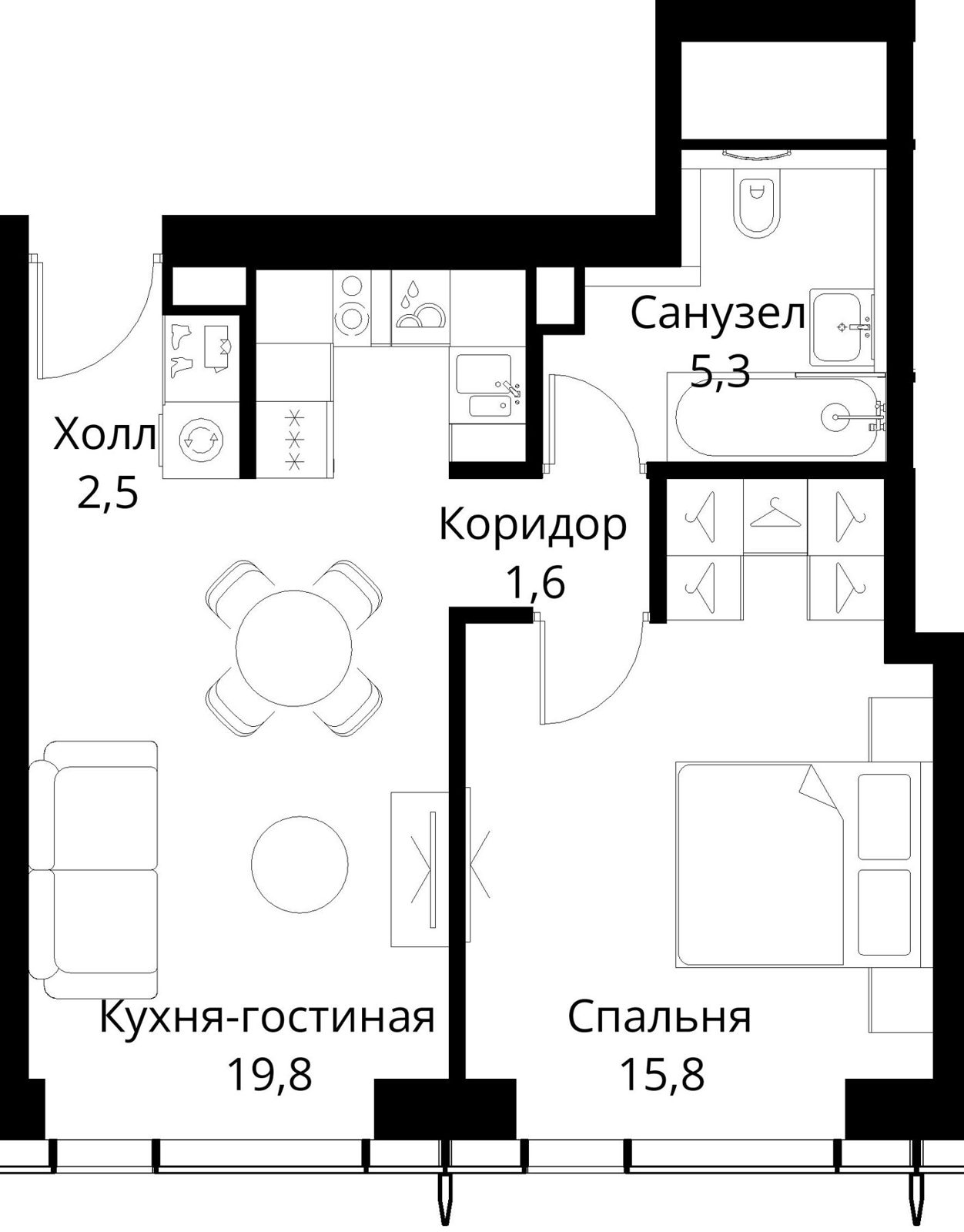 1-комнатная квартира, 45 м²