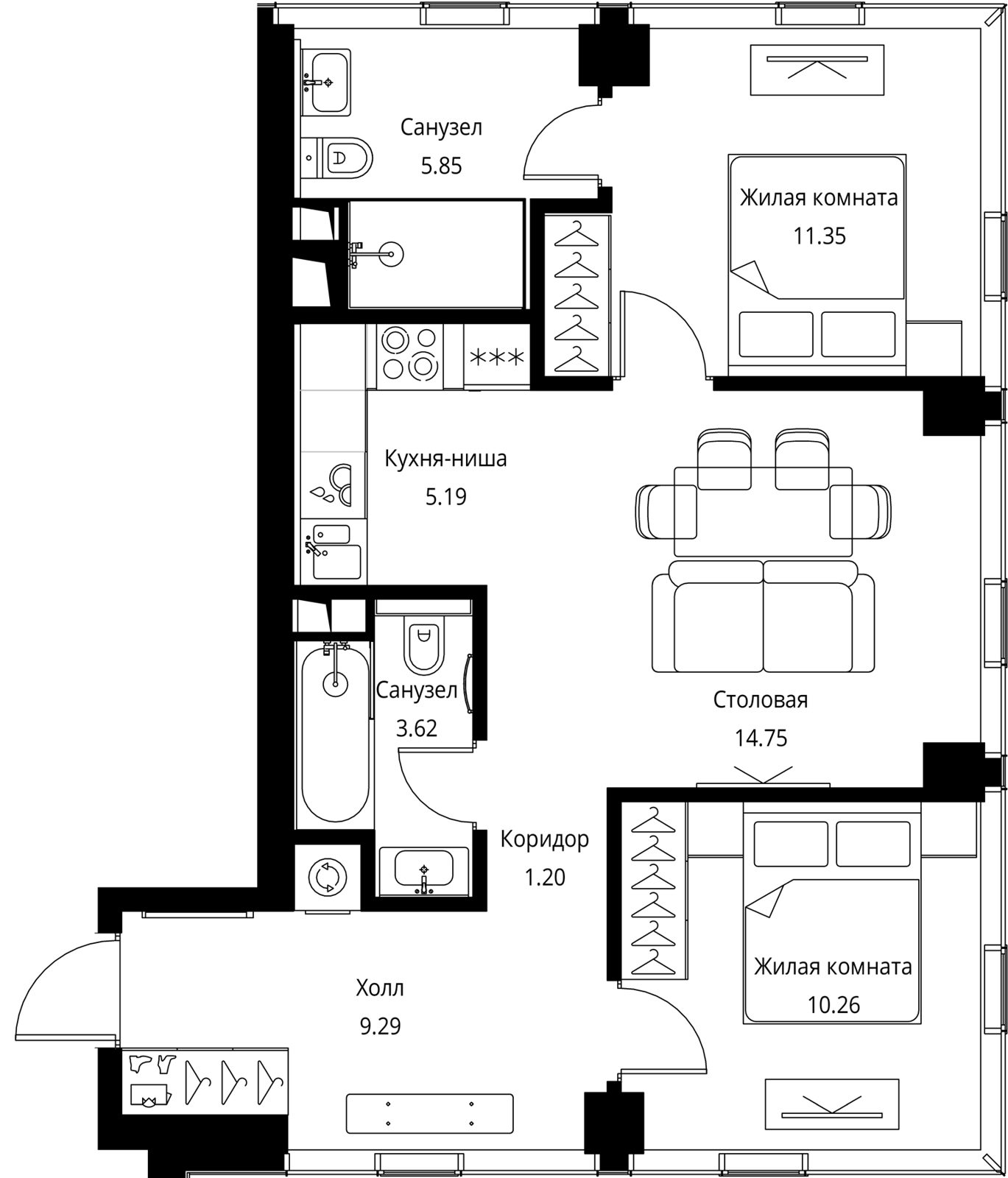 2-комнатная квартира, 61,5 м²