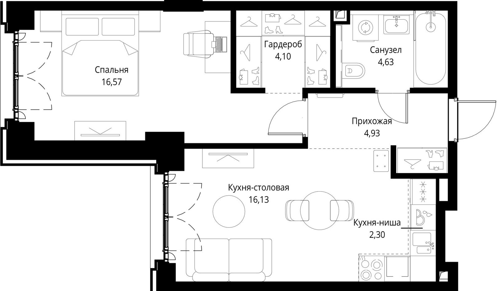 1-комнатная квартира, 48,7 м²