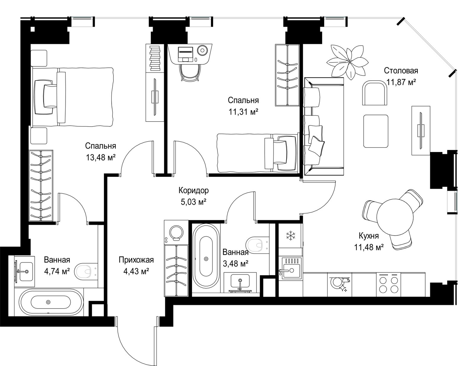 2-комнатная квартира, 70,3 м² — фото 2