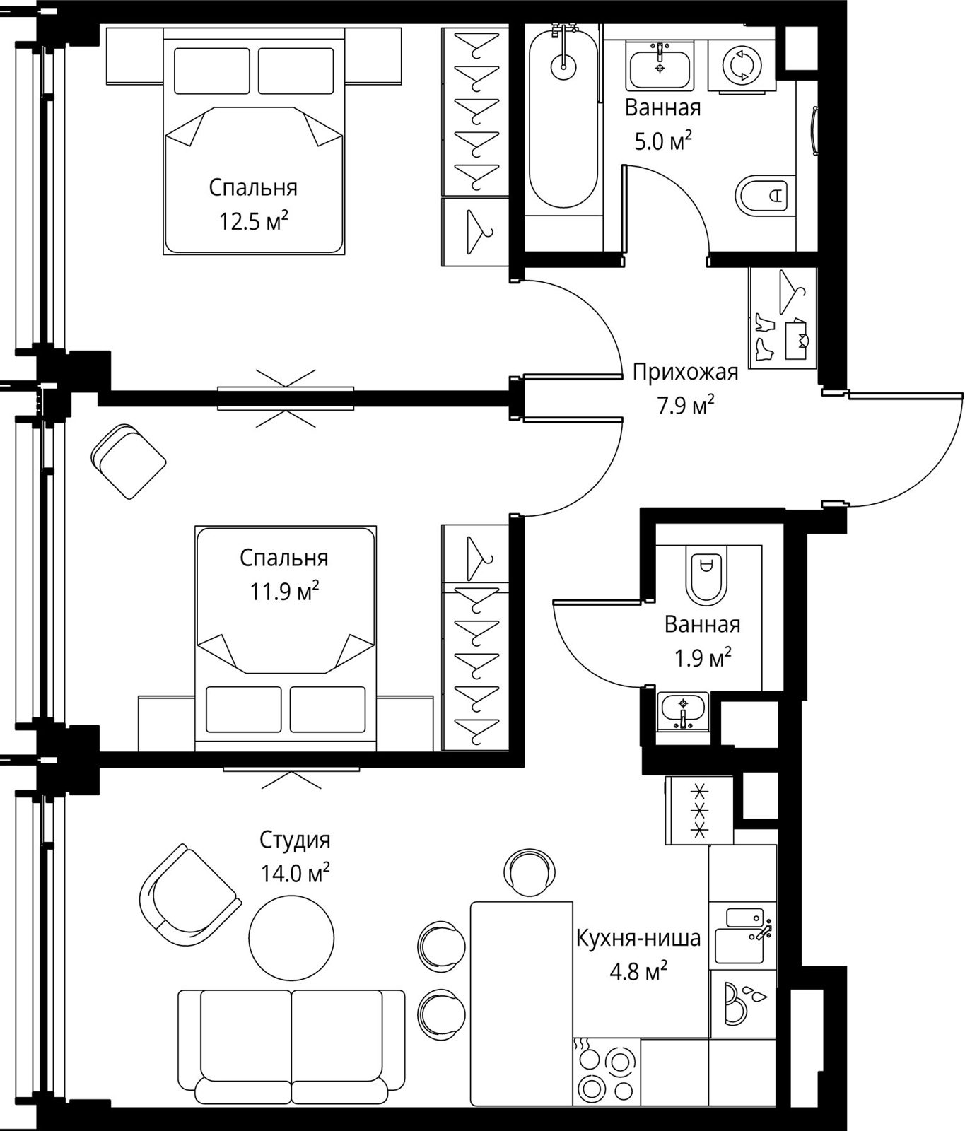 2-комнатная квартира, 58 м²