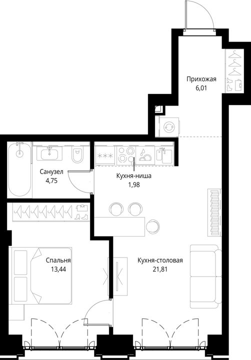 1-комнатная квартира, 48 м² — фото 1