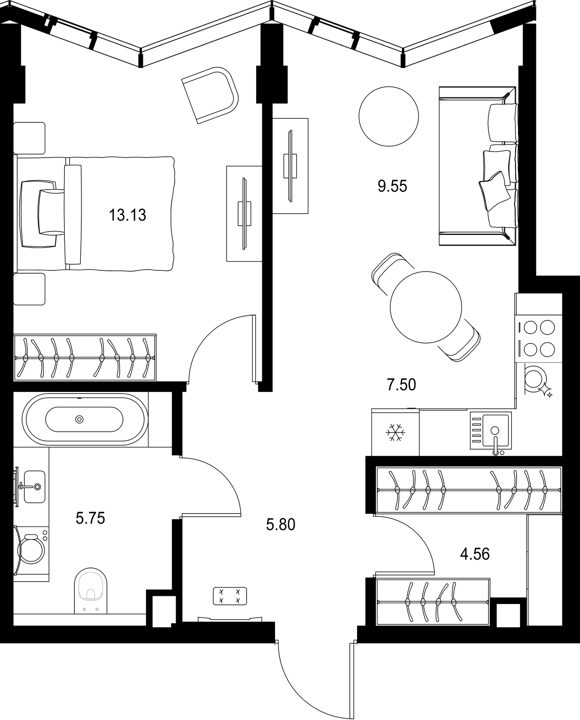 1-комнатная квартира, 46,3 м²