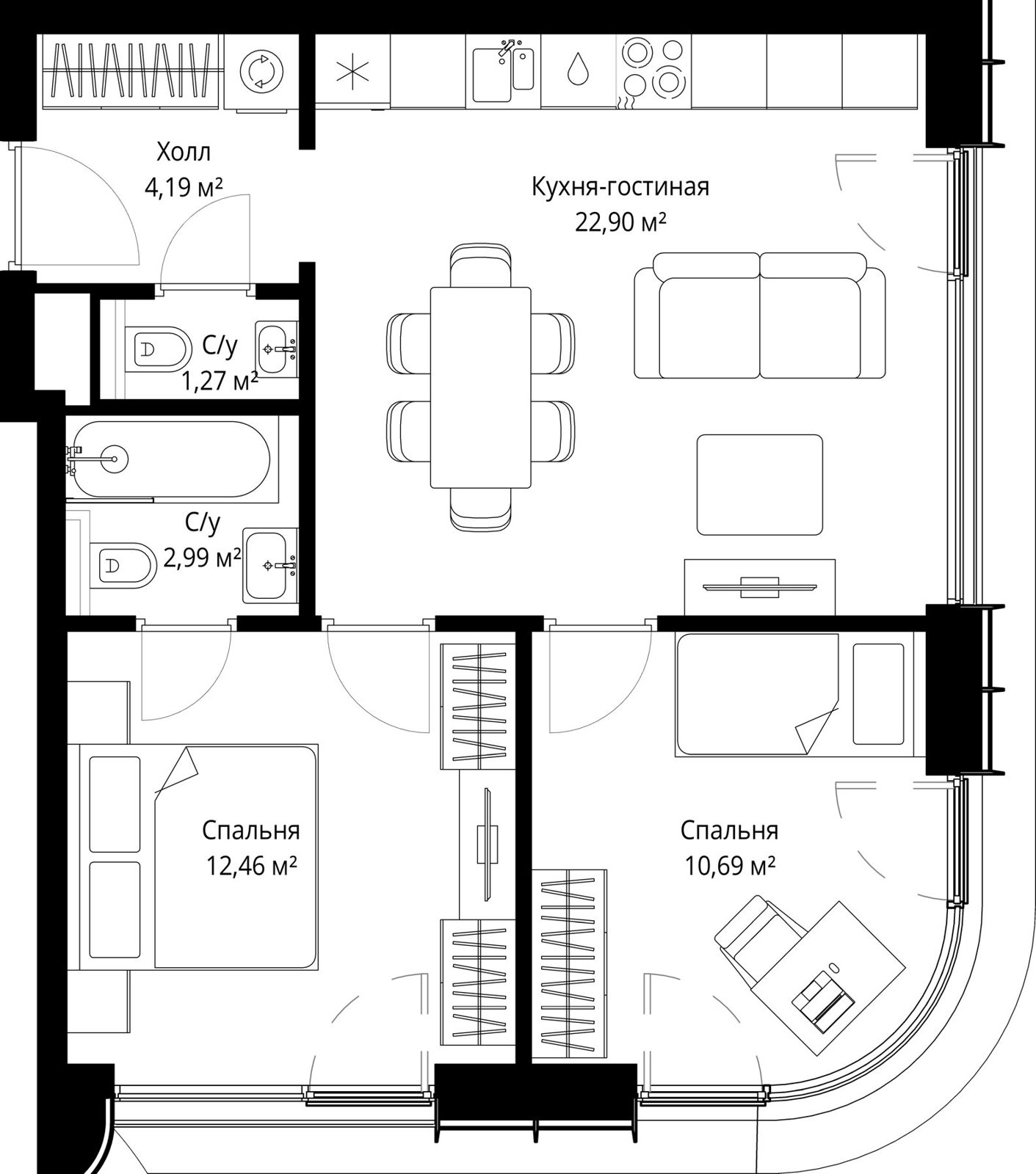 2-комнатная квартира, 54,5 м²