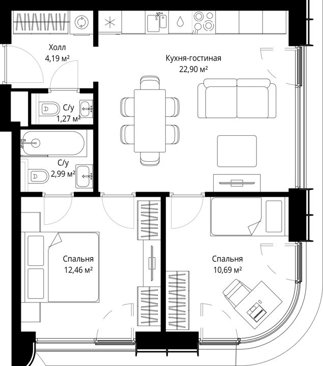 2-комнатная квартира, 54,5 м² — фото 1