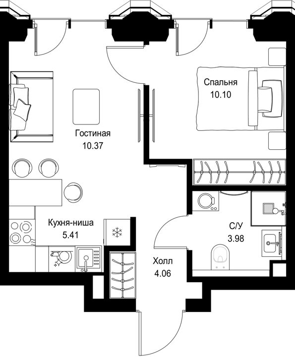 1-комнатная квартира, 33,9 м²