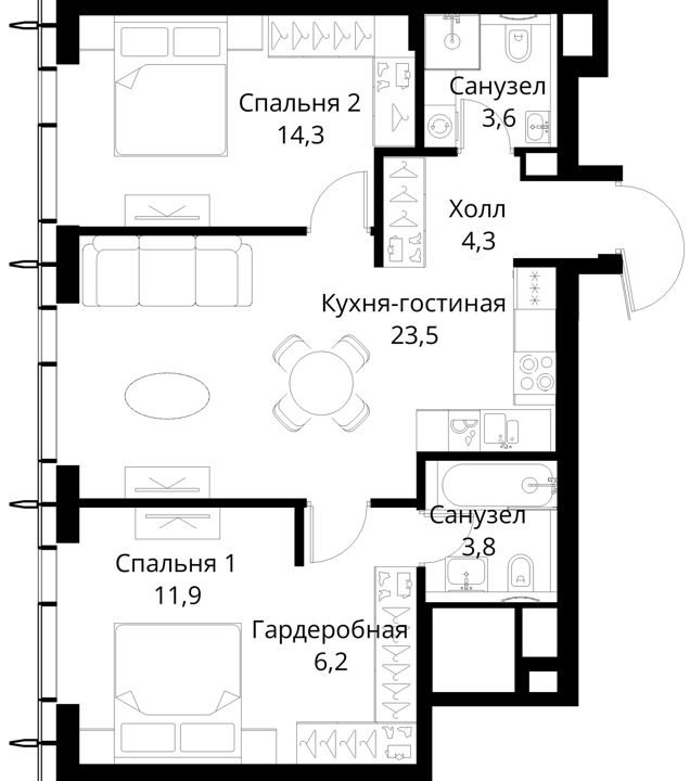 2-комнатная квартира, 67,6 м² — фото 1