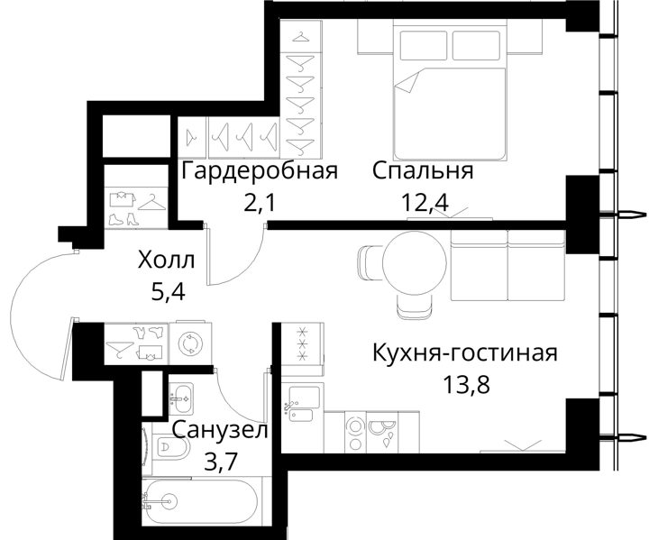 1-комнатная квартира, 37,4 м² — фото 1