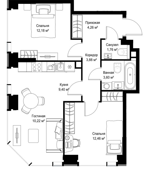 2-комнатная квартира, 57,8 м² — фото 2