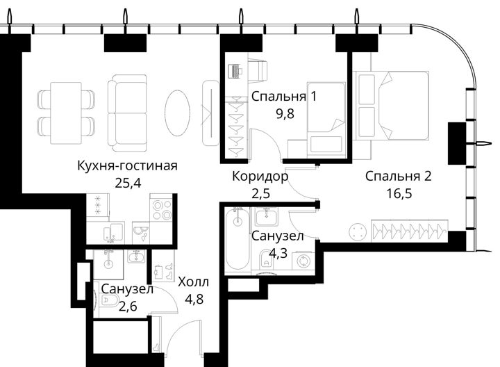 2-комнатная квартира, 65,9 м² — фото 1