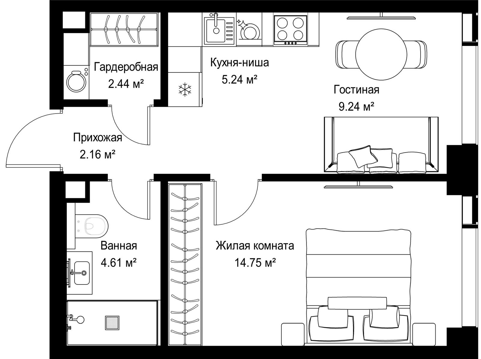 1-комнатная квартира, 38,4 м²