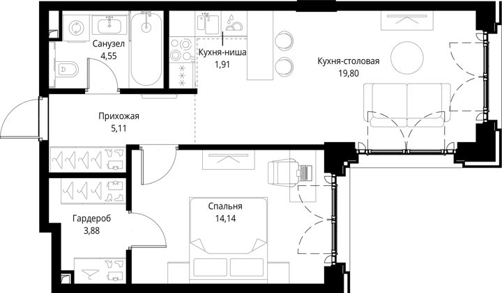 1-комнатная квартира, 49,4 м² — фото 1