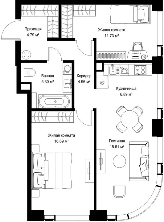 2-комнатная квартира, 66 м²