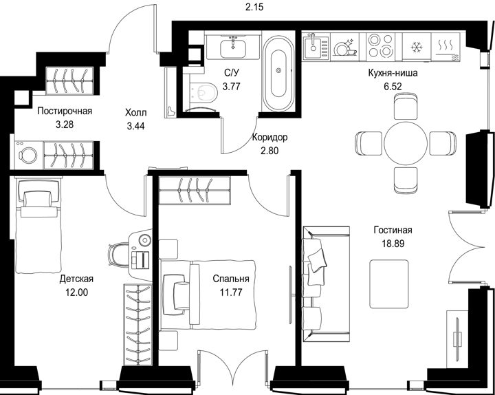 2-комнатная квартира, 62,5 м²
