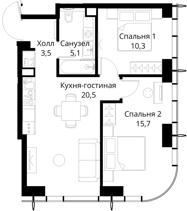 2-комнатная квартира, 55,1 м² — фото 1