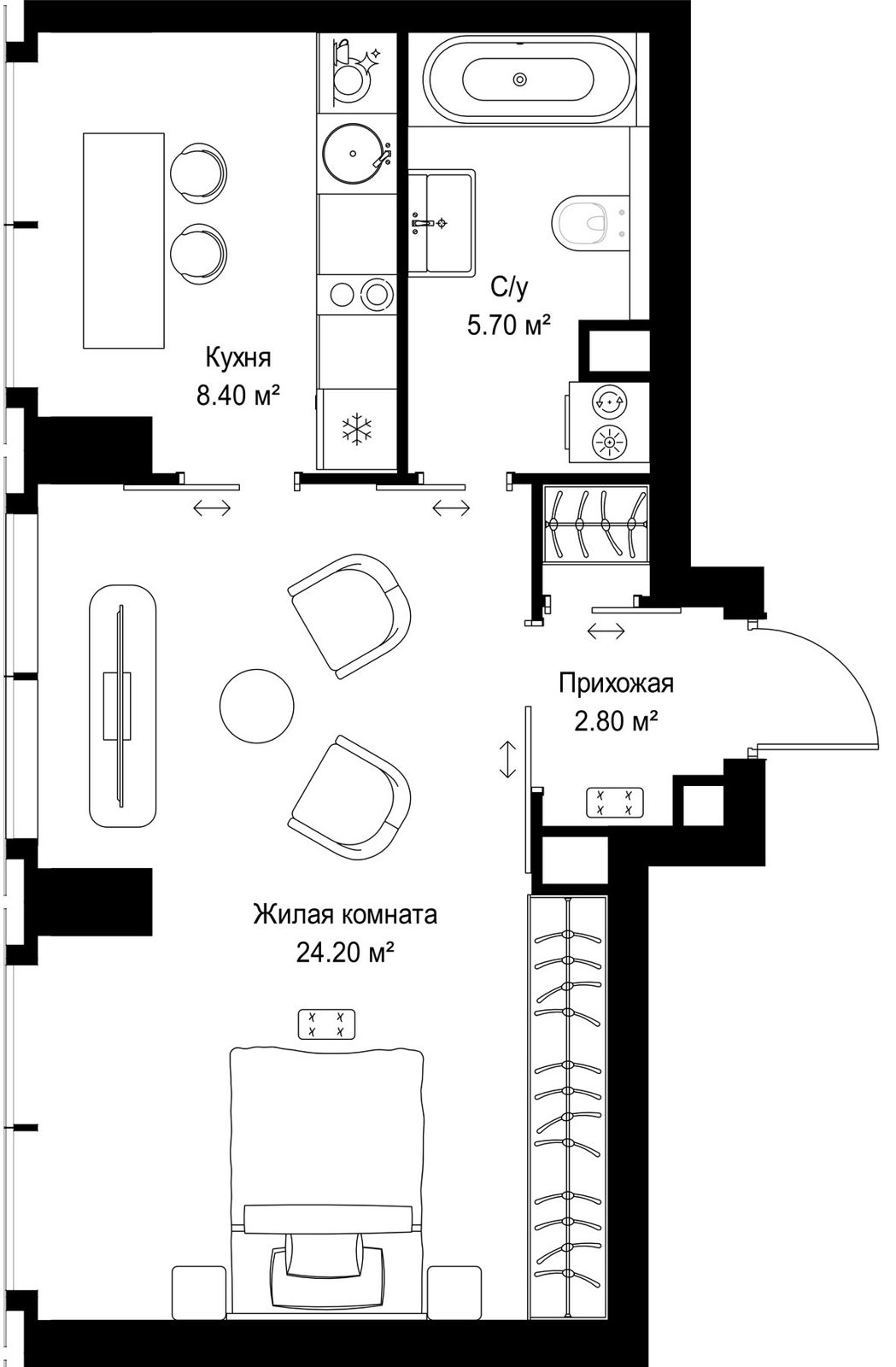 1-комнатная квартира, 41,1 м²