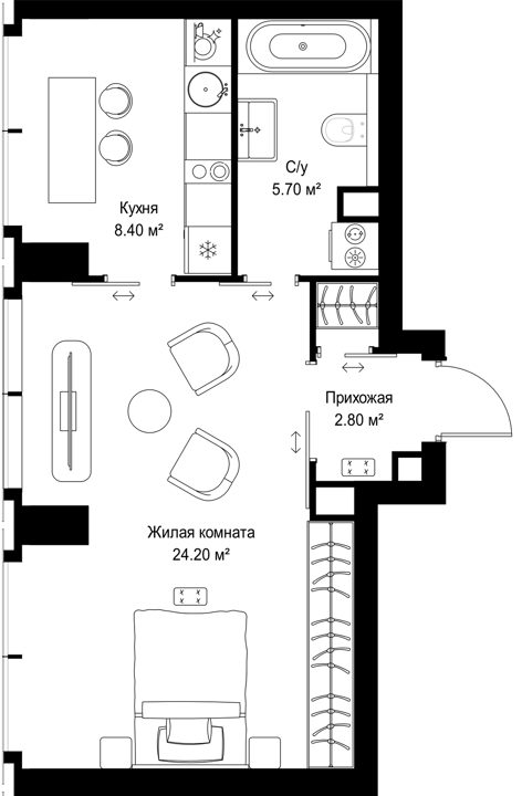 1-комнатная квартира, 41,1 м² — фото 1