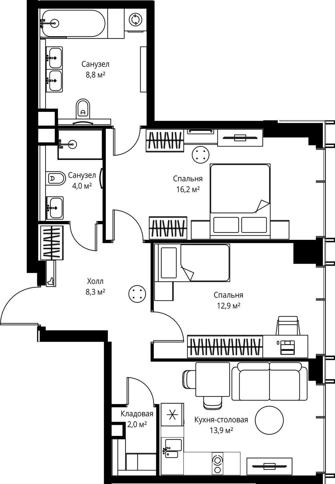 2-комнатная квартира, 66,1 м²