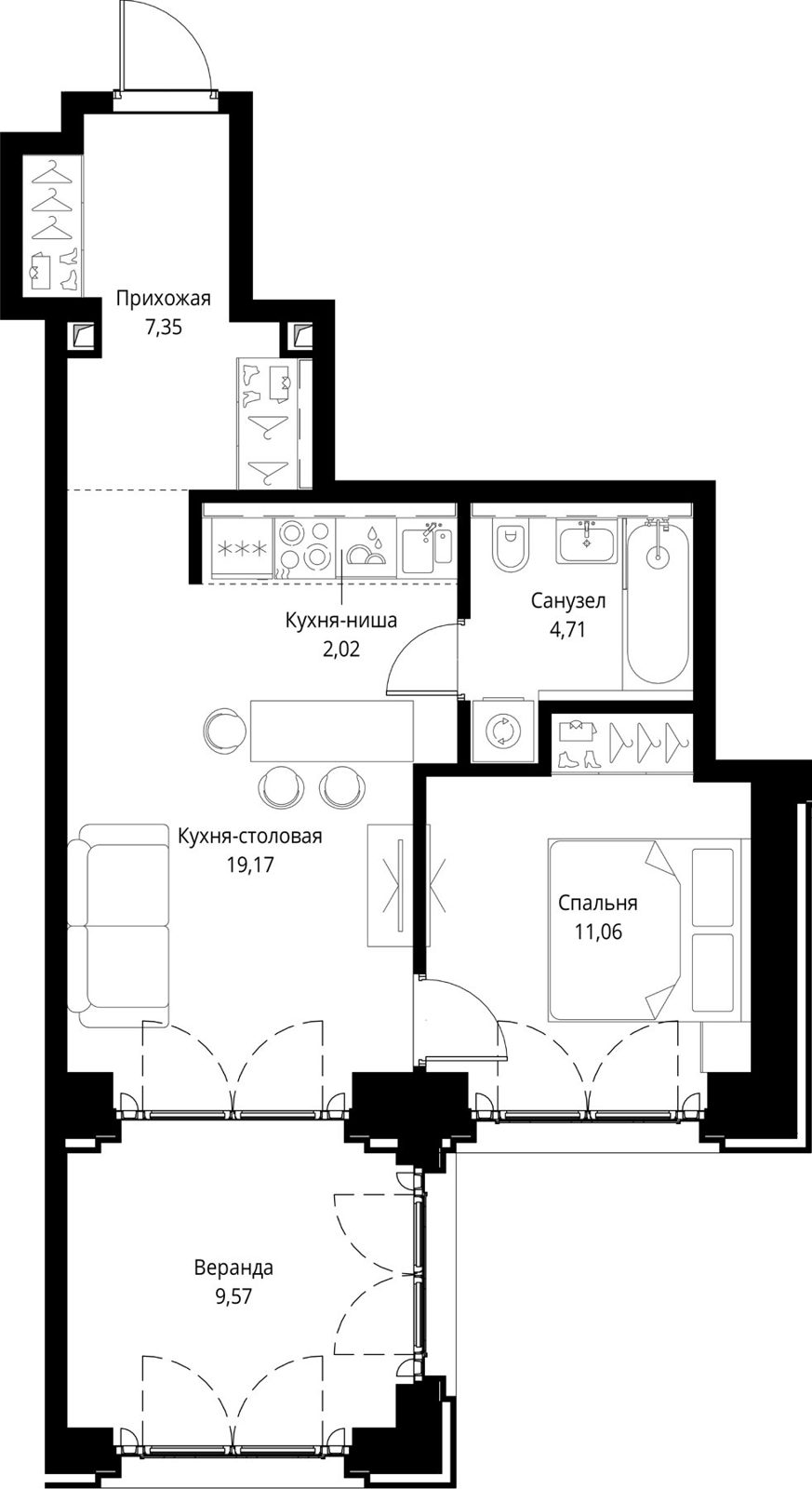 1-комнатная квартира, 53,9 м²
