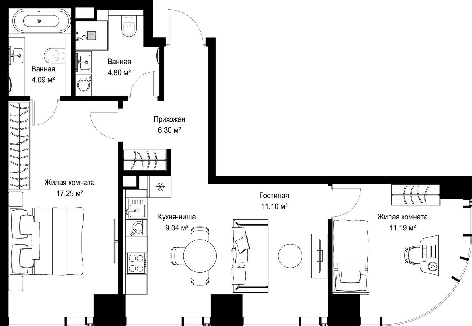 2-комнатная квартира, 63,8 м²