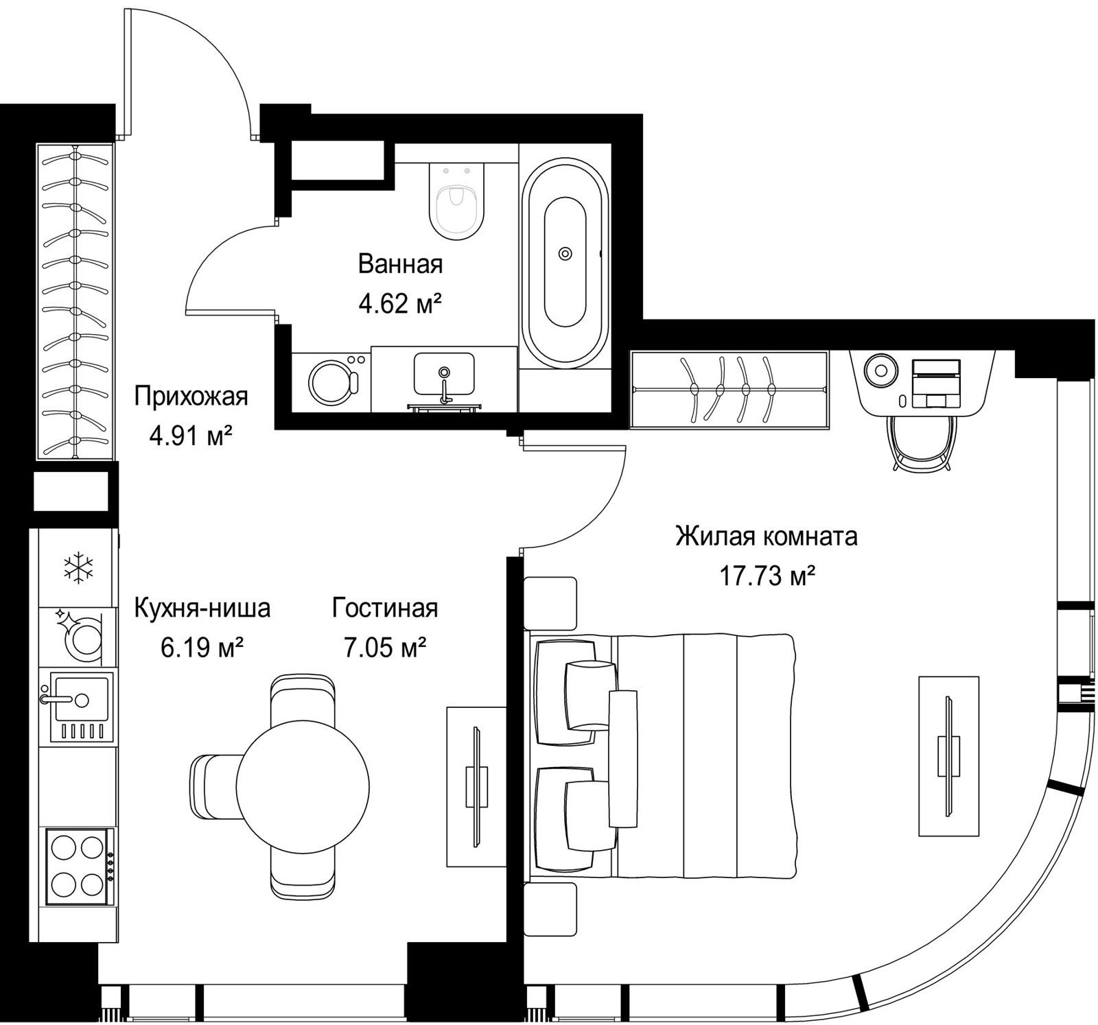 1-комнатная квартира, 40,5 м²