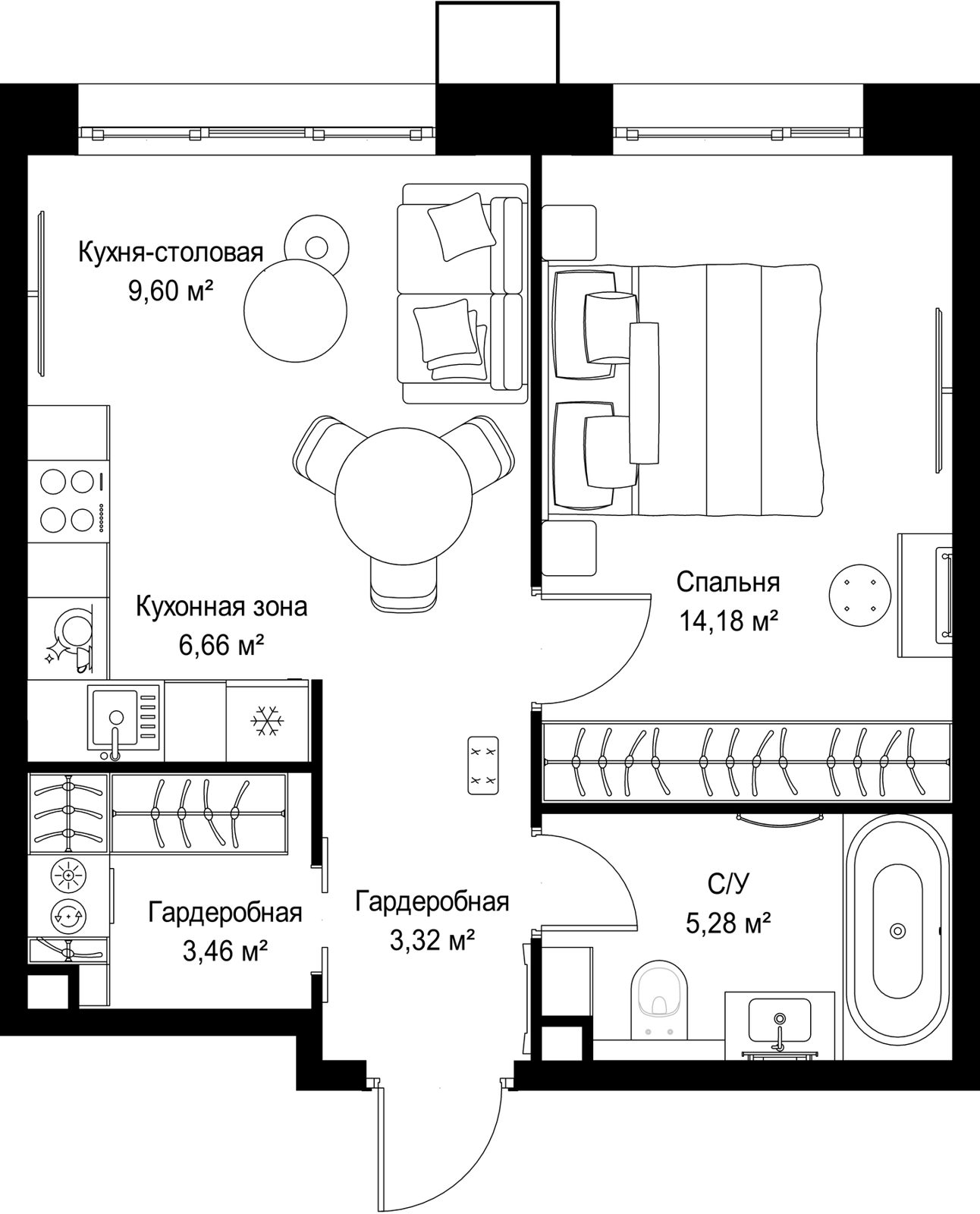 1-комнатная квартира, 42,5 м²
