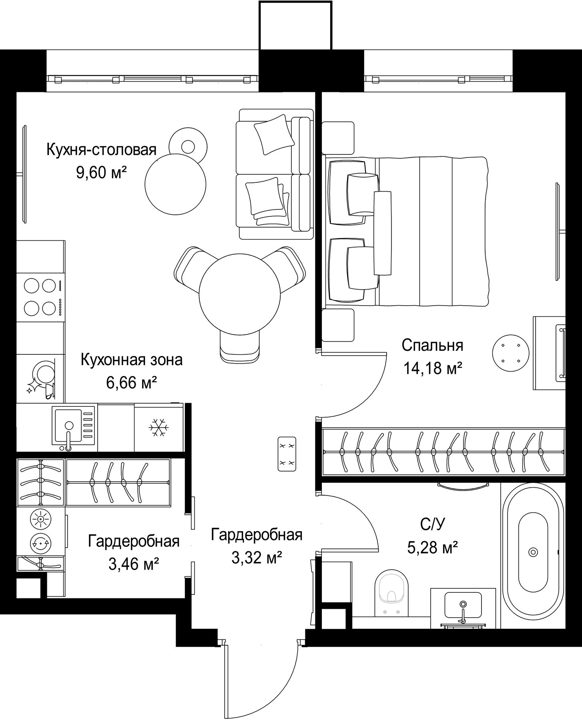 1-комнатная квартира, 42,5 м² — фото 1