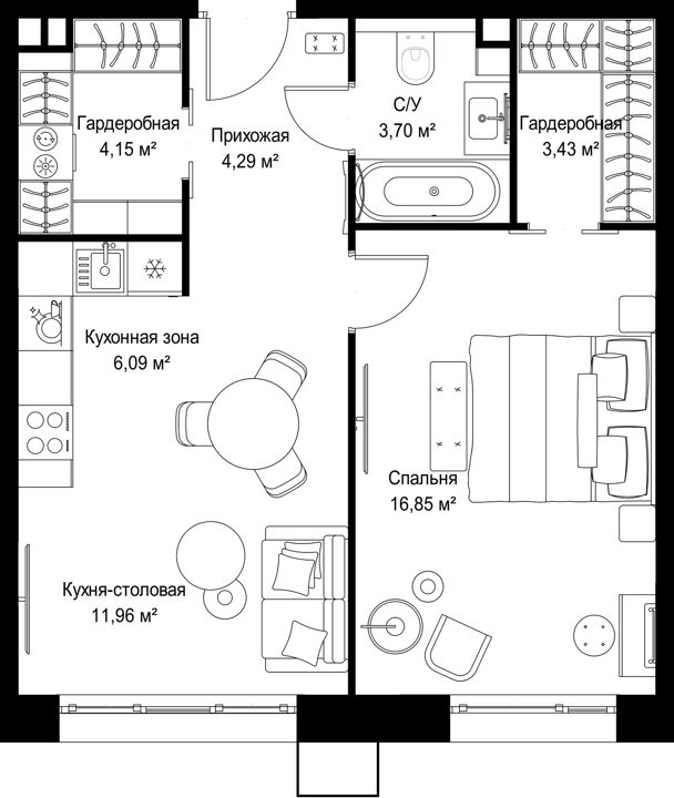 1-комнатная квартира, 50,5 м² — фото 1