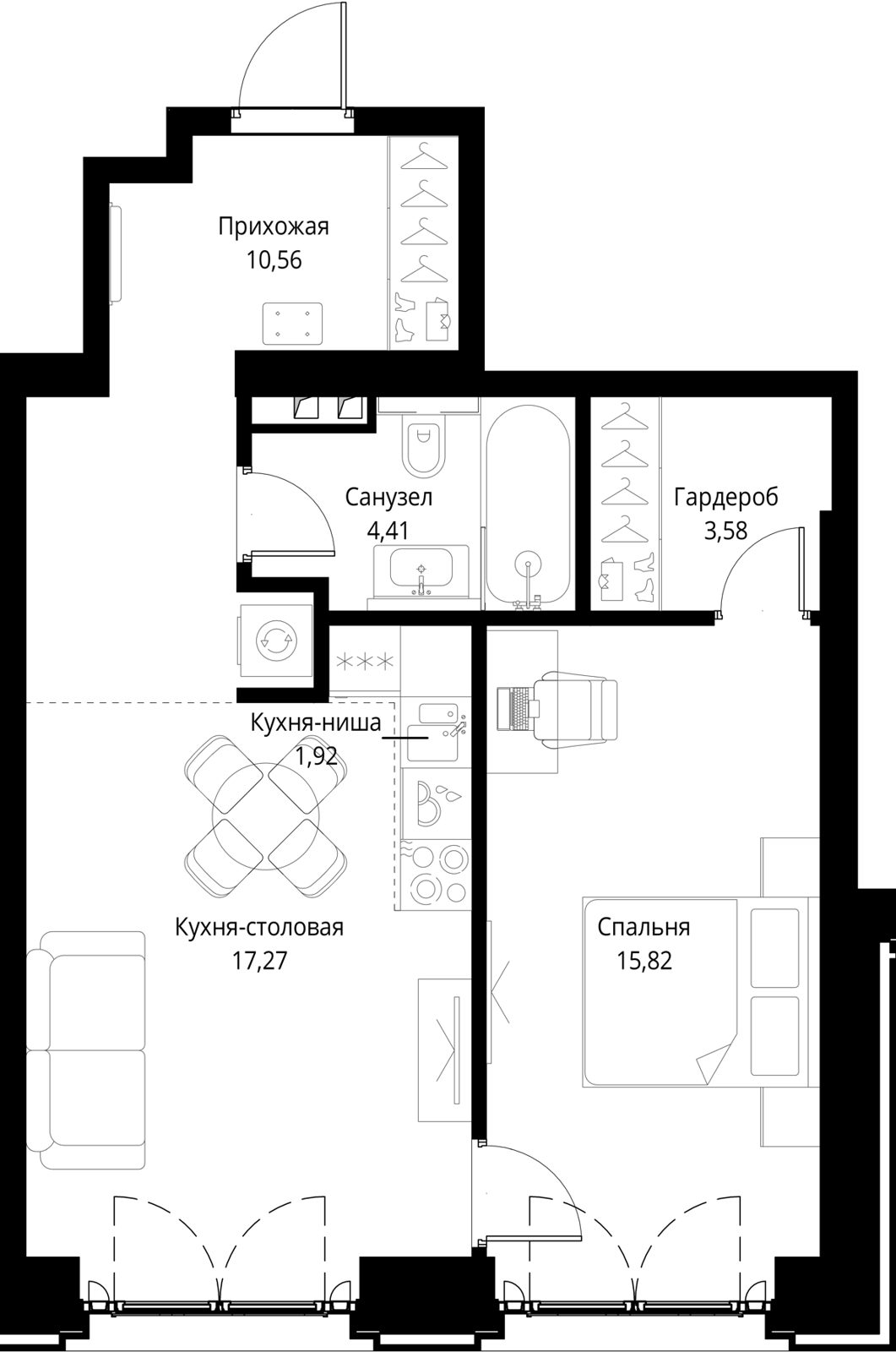 1-комнатная квартира, 53,6 м²
