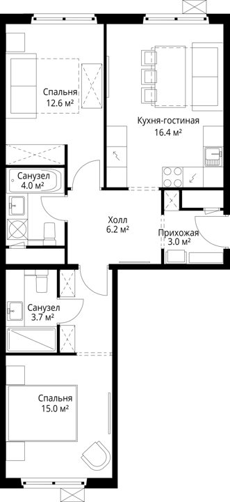 2-комнатная квартира, 60,9 м² — фото 1