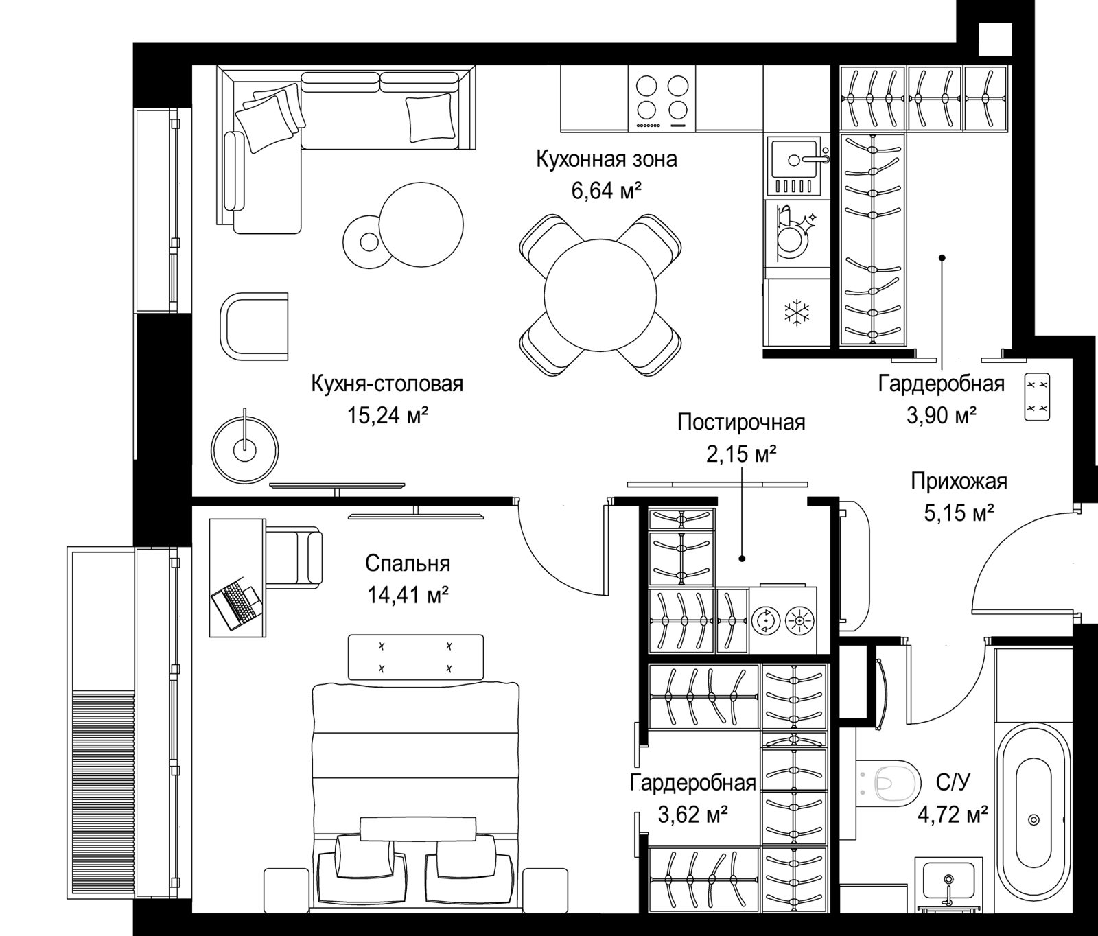 1-комнатная квартира, 55,8 м²