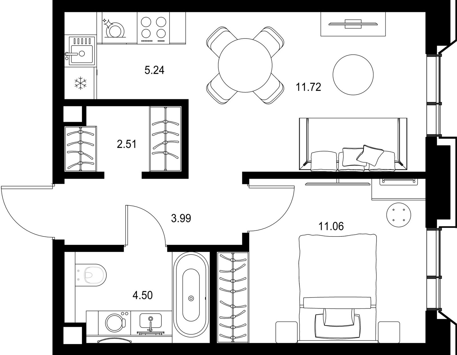 1-комнатная квартира, 39 м²