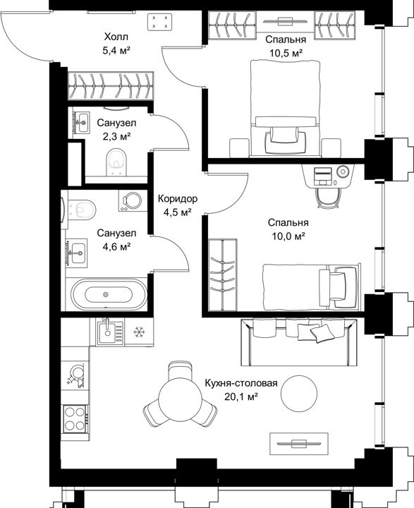 2-комнатная квартира, 57,4 м²