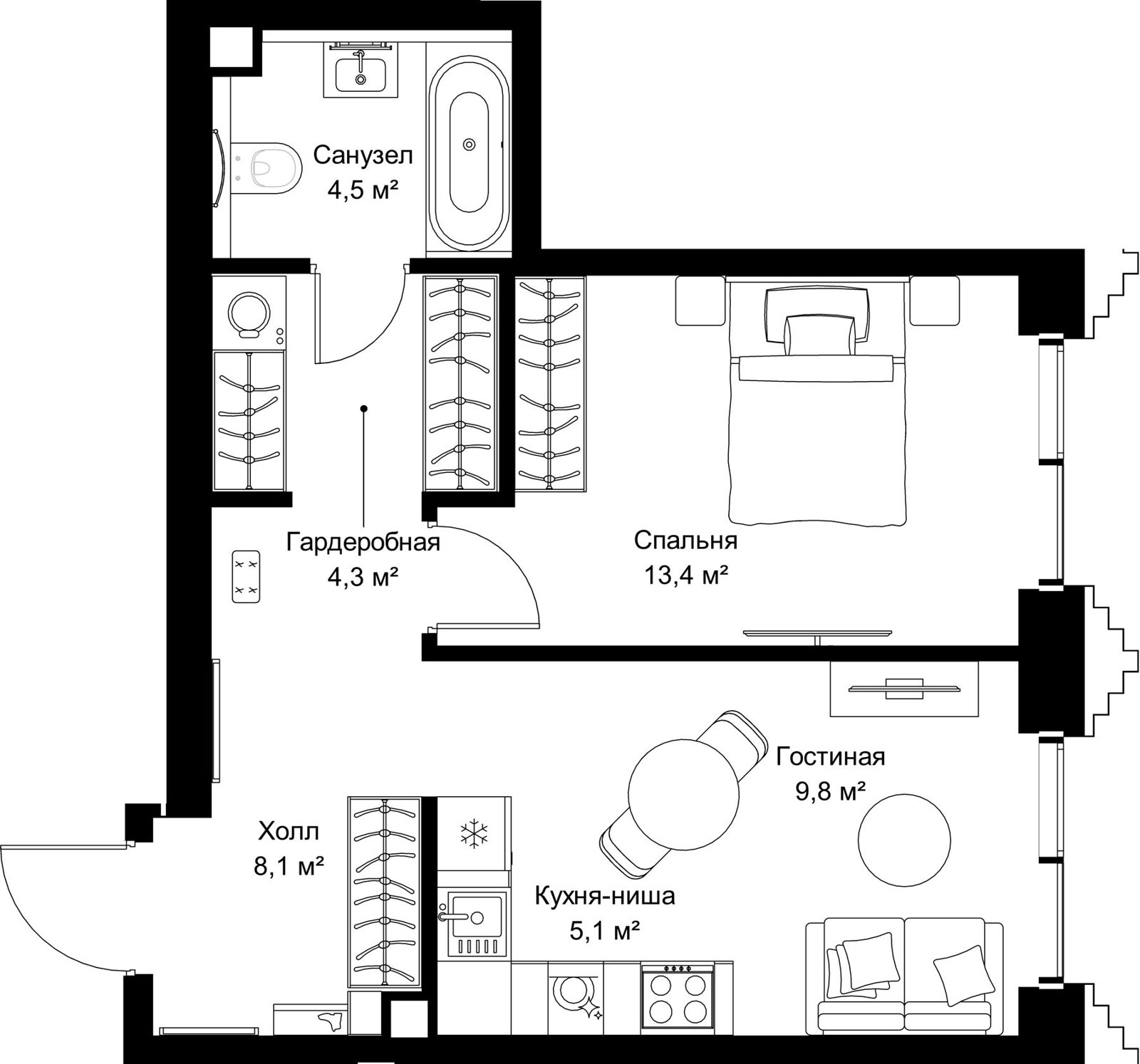 1-комнатная квартира, 45,2 м²