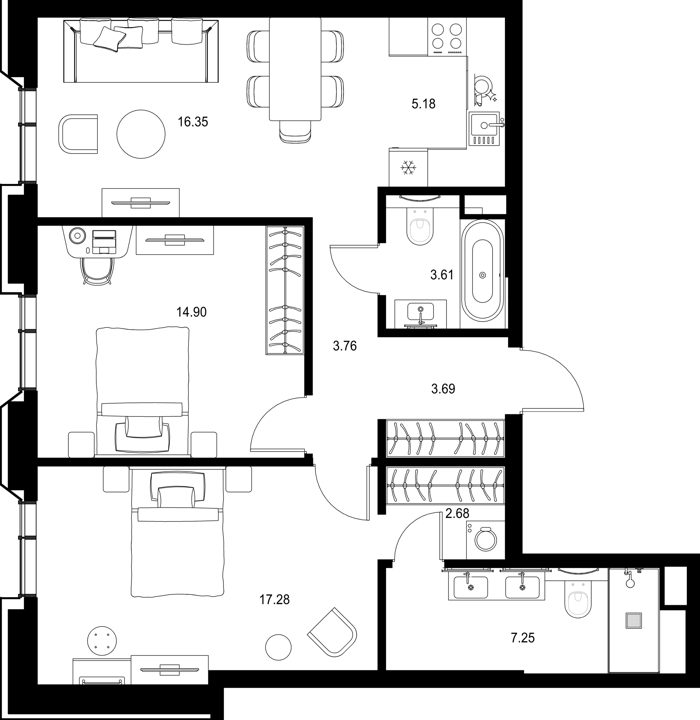 2-комнатная квартира, 74,7 м²