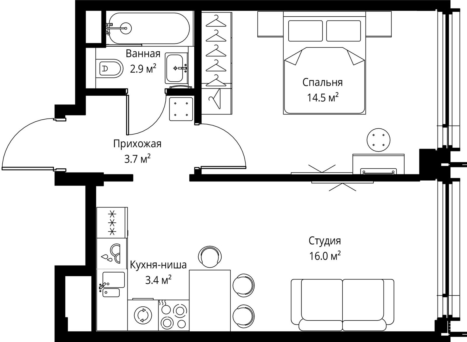 1-комнатная квартира, 40,5 м²