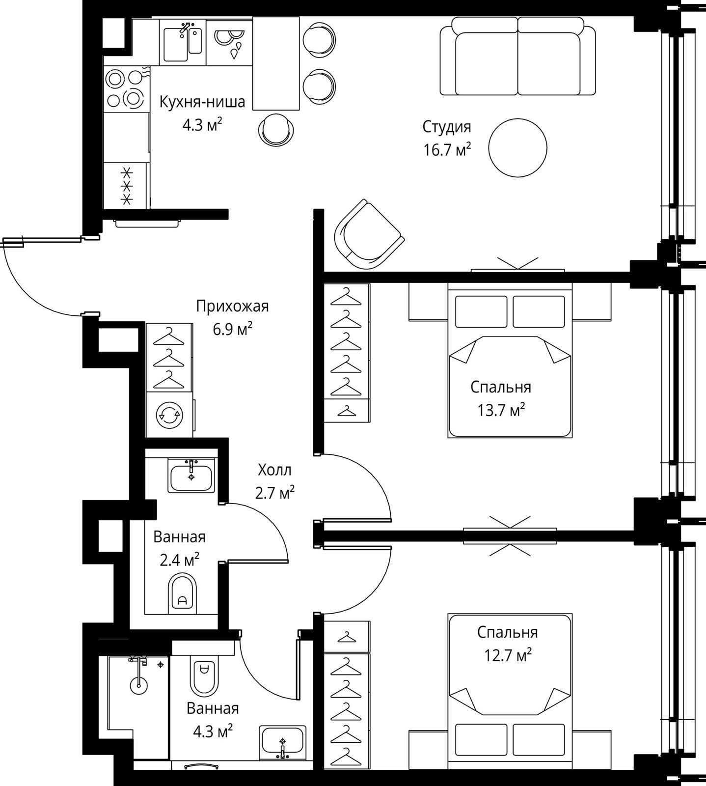 2-комнатная квартира, 63,7 м²