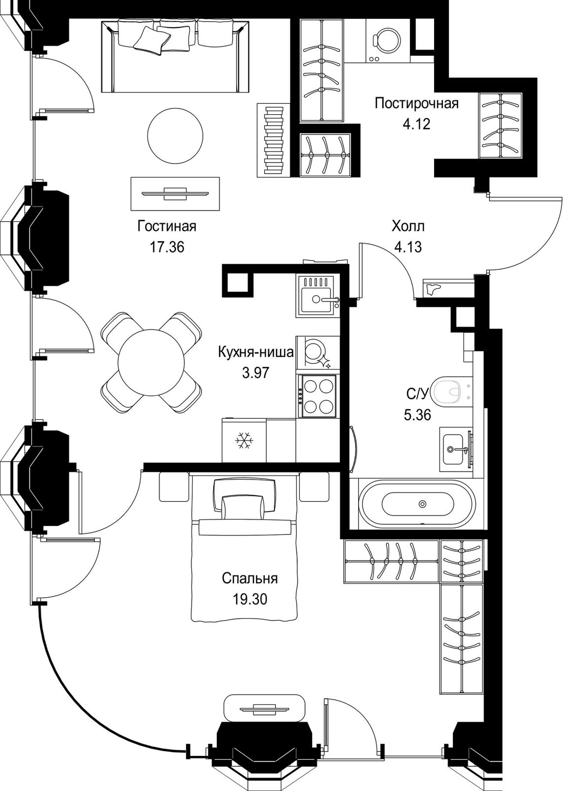 1-комнатная квартира, 53 м²