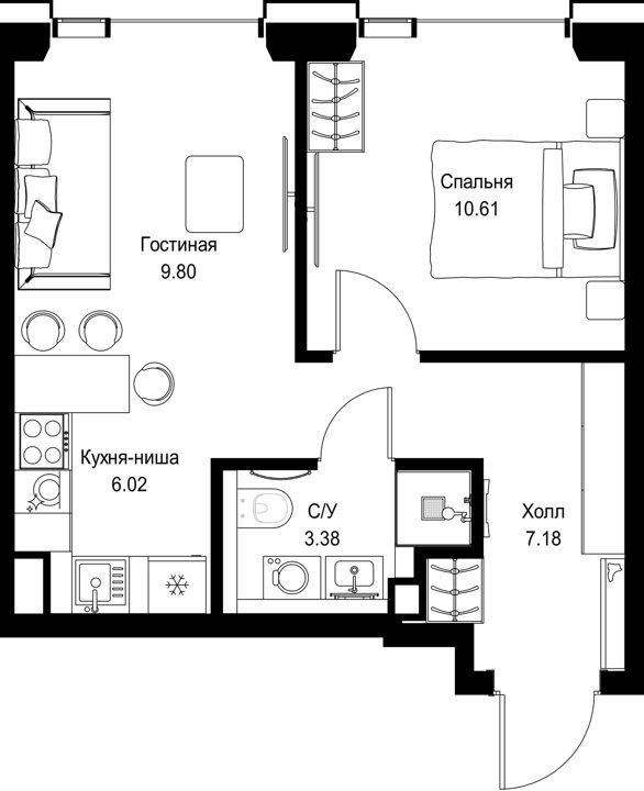 1-комнатная квартира, 37 м²