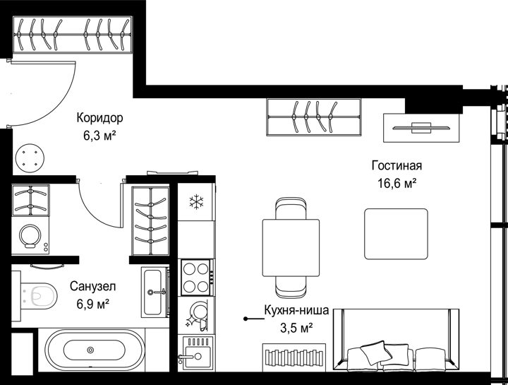 Квартира-студия, 33,3 м²