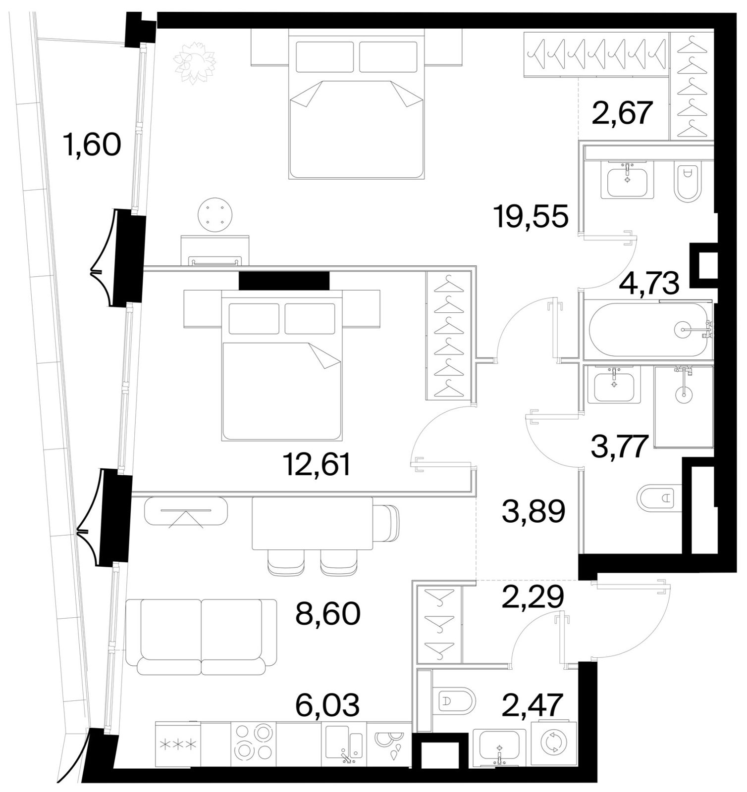 2-комнатная квартира, 68,2 м²