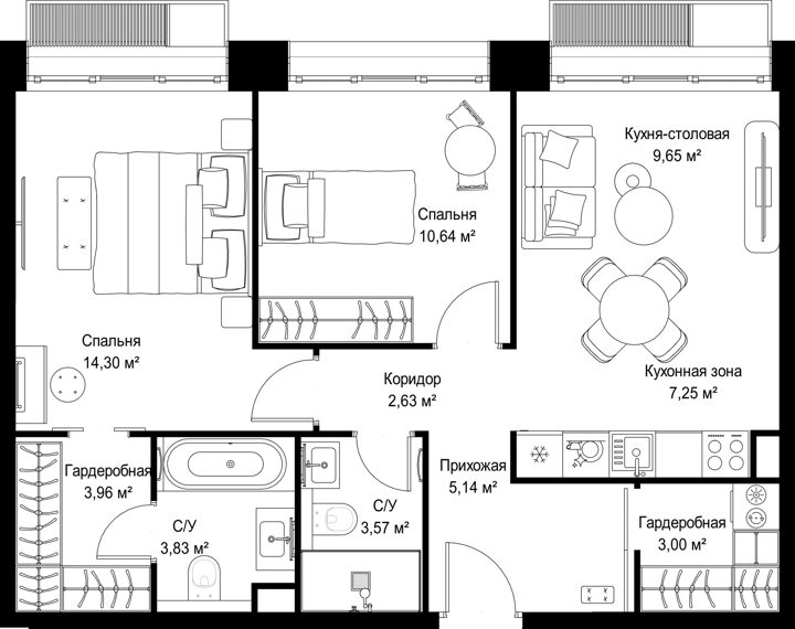 2-комнатная квартира, 64 м² — фото 1