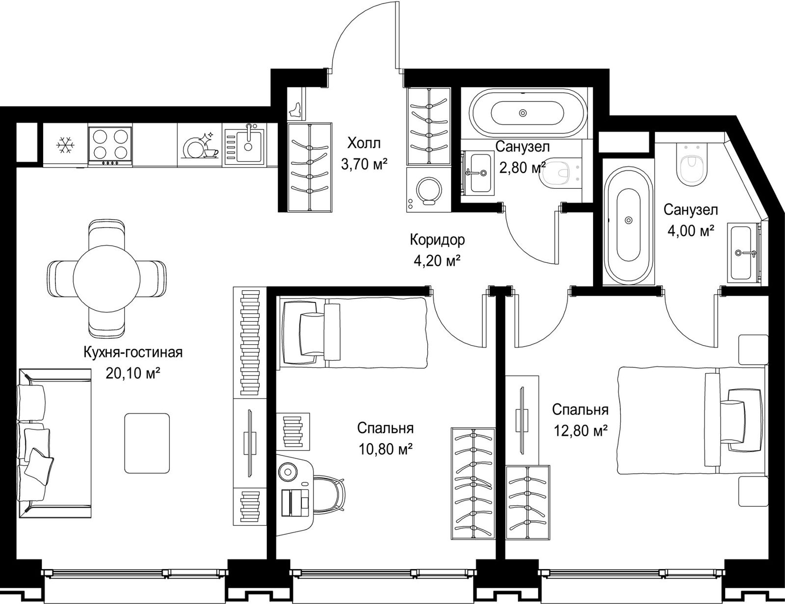 2-комнатная квартира, 58,4 м²