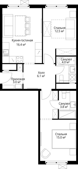 2-комнатная квартира, 60,8 м² — фото 1